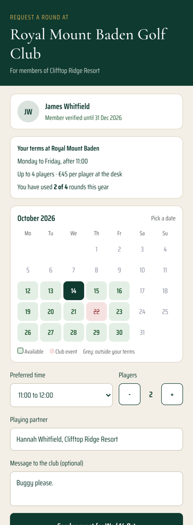 A member requests a round on their phone: their terms, the rounds they have used, and a calendar showing only the days they can play