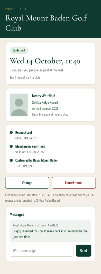 The member's page for a confirmed round: date and time, membership to show at the pro shop, change or cancel, and messages with the club